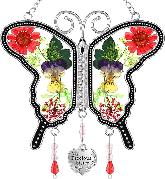KY&BOSAM Suncatcher Butterfly Glass My Precious Sister Suncatchers Ornament hangings for Windows Wind Chime with Pressed Flower Butterfly Embedded in Glass Mother`s Day Birthdays