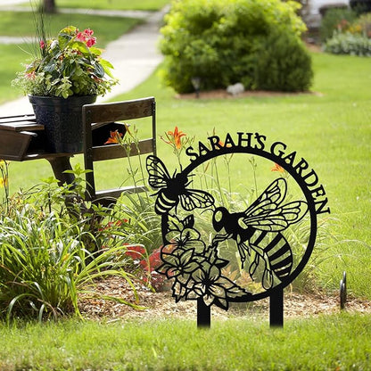 Personalized Metal Bee Garden Signs with Stake, Custom Garden Signs for Outside Waterproof, Customized Name Sign Yard Lawn Gardens Decor Gardening Gifts for Moms Grandmas Gardeners