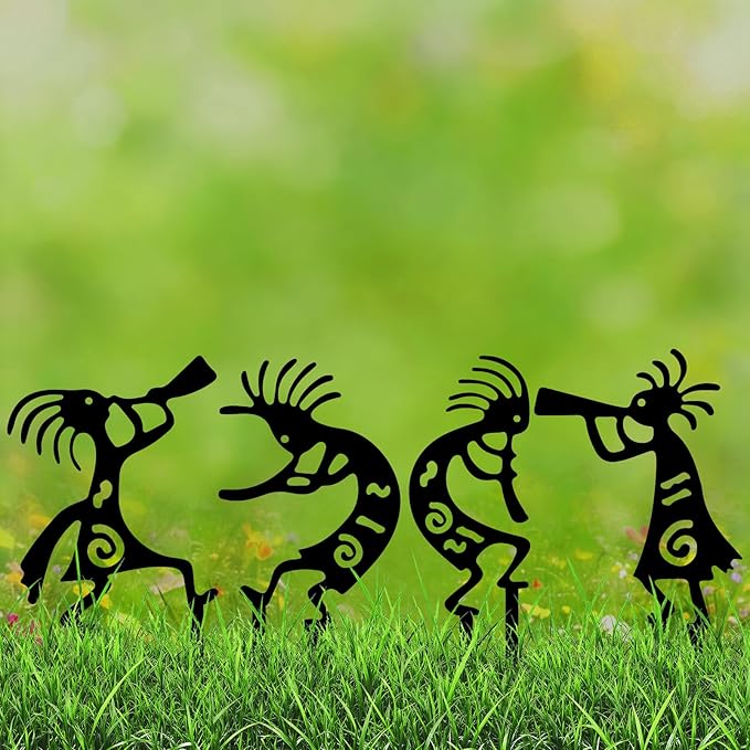 4 Piece Kokopelli Metal Garden Stakes - Native American-Inspired Southwestern Yard Art, Rustic Outdoor Decor for Lawn, Patio, Garden Pathway; Fade-Resistant Ornaments for Thanksgiving Day