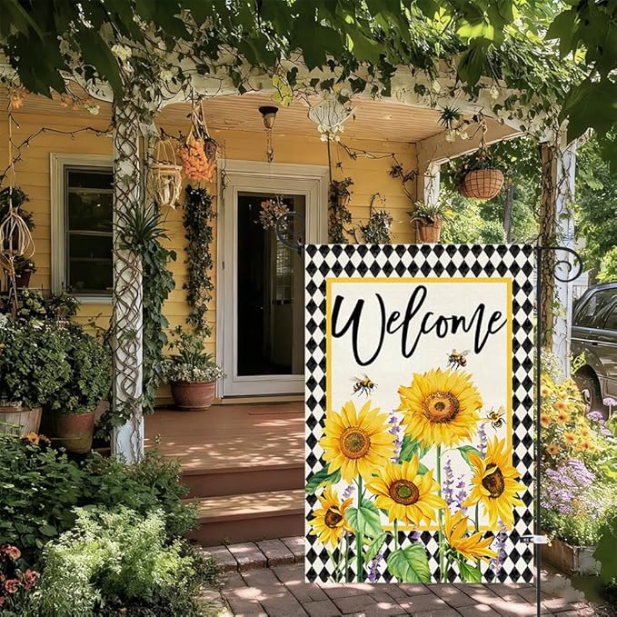 Baccessor Spring Summer Garden Flag 12.5x18 Inch Double Sided Burlap, Sunflowers Floral Flowers Welcome Holiday Front Yard Lawn Outdoor Outside Decoration