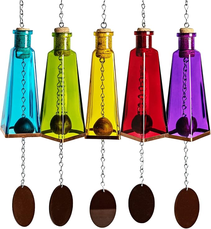 Blue Ridge Mountain Gifts Pyramid Bottle Wind Chime for Garden & Porch Decor w/Cooper Accent, Stained Wooden Ball, & Colorful Glass Bottles - Ideal for Wind Chime Lovers (Set of 10)