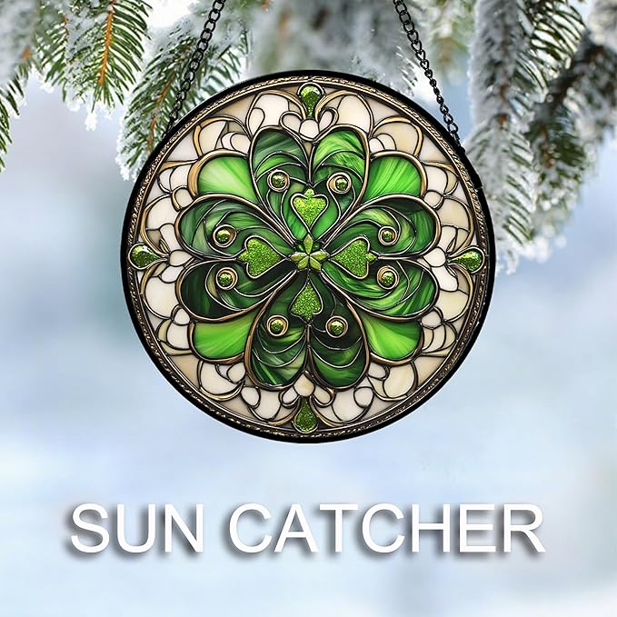 DASTOLL Stained Glass Window Hanging St. Ripak Festival Green Lucky Clover Large 11.8" - Suncatcher Door Garden Sun Catcher Ireland Decor Mother's Day for Mom Woman Her Men Sisters