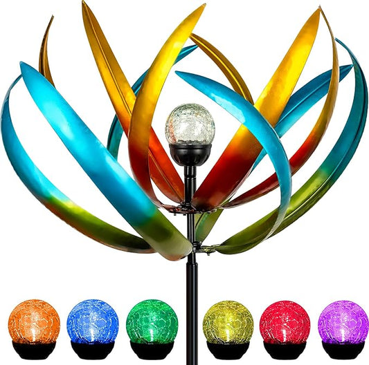 83" Large Solar Wind Spinner Outdoor Metal - Kinetic Tulip Flower Sculpture with Multi-Color Changing LED Crackle Glass Ball - Waterproof Garden Stake Art for Patio, Lawn, and Yard Decoration