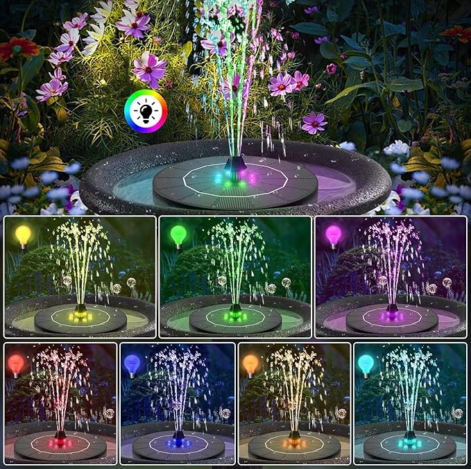 Solar Bird Bath Fountain Pump - 8 Spray Patterns, Floating Nozzle, Birdbath Fountain Kit, Garden Pond Aerator Decor