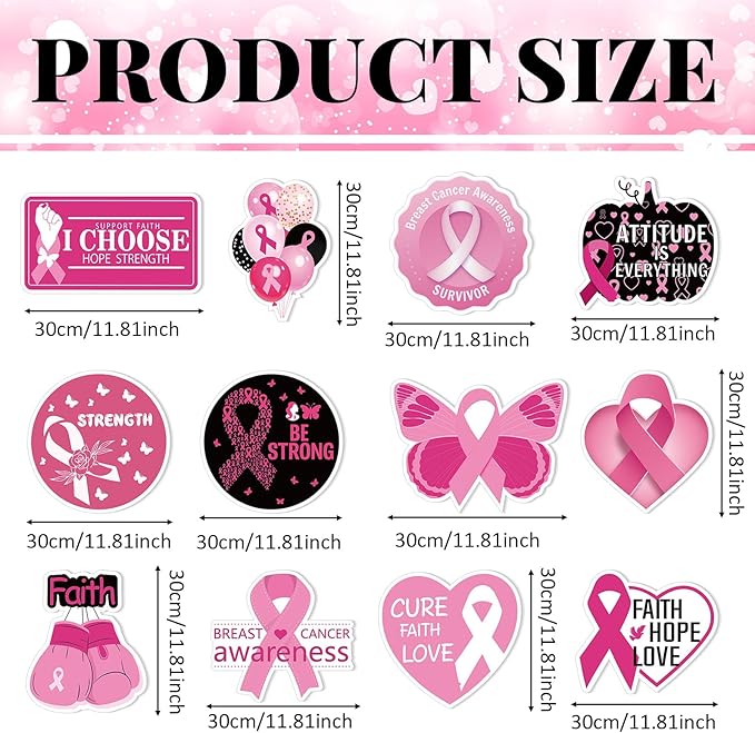 Amyhill 12 Pcs Breast Cancer Awareness Yard Signs for Outdoor Pink Ribbon Garden Lawn Signs Decoration with Stakes Waterproof Decor Gifts for Women Festive Holiday Party Patio Lawn Walkway Decoration