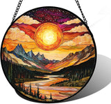 DASTOLL Stained Glass Window Hanging, Dusk Sunset Landscape Sun Catchers Glass Panel Lakes and Mountains Suncatcher Decor for Birthday for Women, Men, Wife, Aunt, and Mom 11.8x11.8 in