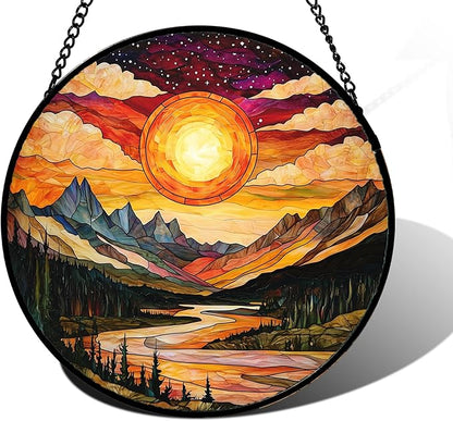 DASTOLL Stained Glass Window Hanging, Dusk Sunset Landscape Sun Catchers Glass Panel Lakes and Mountains Suncatcher Decor for Birthday for Women, Men, Wife, Aunt, and Mom 11.8x11.8 in