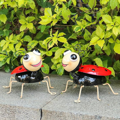 Cruis Cuka Metal Yard Art Garden Decor for Outside Cute Red Ladybugs Lawn Patio Ornaments Backyard Decorations Garden Gifts for Mom - Set of 2