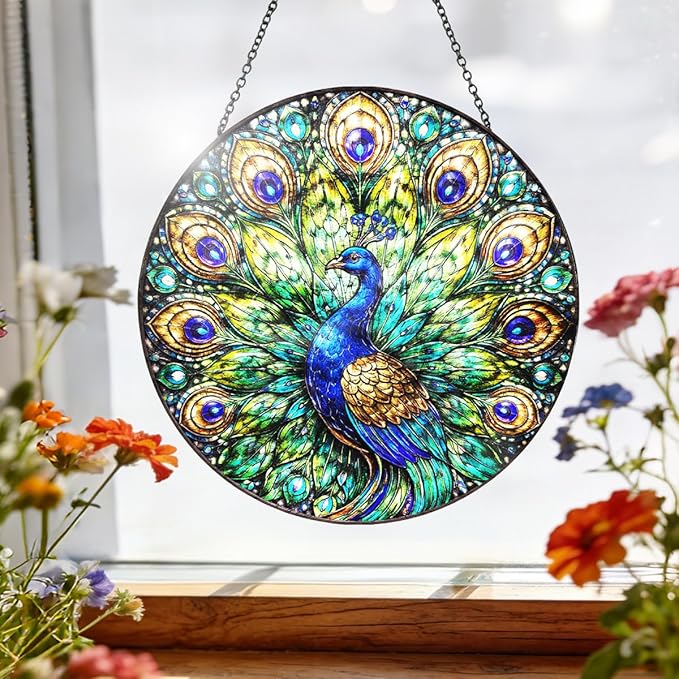 Peacock Stained Glass Window Hanging – Round Bird Suncatcher with Chain, Colorful Glass Ornament for Living Room Bedroom Home Garden Decor Gift, 8 Inch