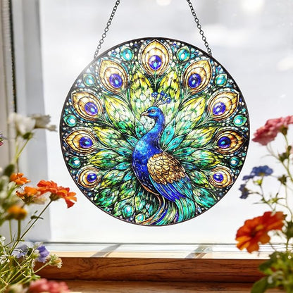 Peacock Stained Glass Window Hanging – Round Bird Suncatcher with Chain, Colorful Glass Ornament for Living Room Bedroom Home Garden Decor Gift, 8 Inch