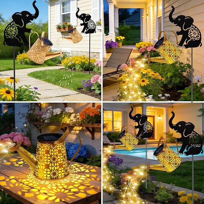 Solar Watering Can Lights, Elephant Hanging Lantern Solar Lights Outdoor, Birthday Gifts for Mom Women Mother's Day, Waterproof Garden Decor Outside Patio Yard Pathway Backyard