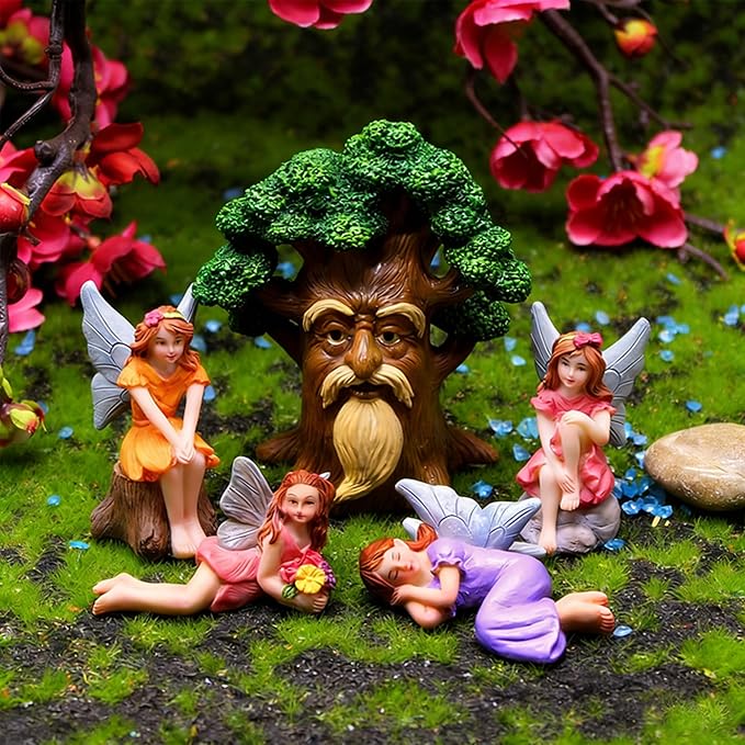Fairy Garden Accessories Set 5 Pcs, Miniature Fairies and Tree Spirit Figurines, Resin Fairy Garden Statues for Outdoor Yard Decor, Terrarium, Micro Landscape & Plant Pots