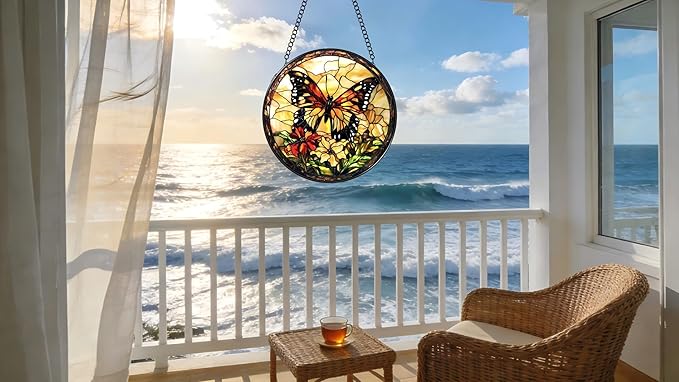 Stained Glass Window Hanging - Butterfly Red Flowers Yellow Flowers 6.3 Inches Suncatcher for Garden Home Decor for Women Mon Grandma Friends