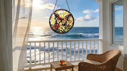 Stained Glass Window Hanging - Butterfly Red Flowers Yellow Flowers 6.3 Inches Suncatcher for Garden Home Decor for Women Mon Grandma Friends