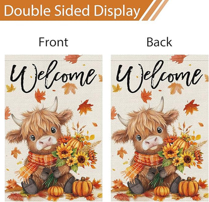Heyfibro Welcome Fall Highland Cow Garden Flag 12x18 Double Sided Burlap, Autumn Pumpkin Sunflower Yard Flags for Thanksgiving Rustic Seasonal Outside Outdoor Decoration (ONLY FLAG)