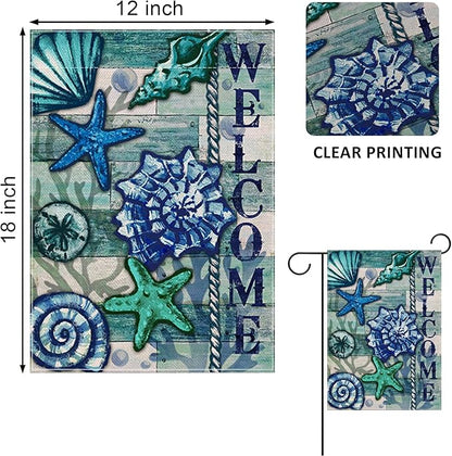 Home Decorative Welcome Summer Coastal Garden Flag, Nautical House Yard Tropical Conch Starfish Shell Beach Outside Decor, Spring Blue Ocean Sea Outdoor Small Decoration Double Sided 12x18