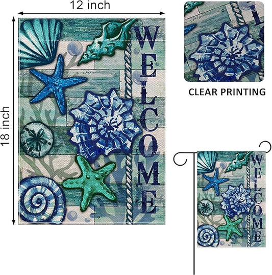 Home Decorative Welcome Summer Coastal Garden Flag, Nautical House Yard Tropical Conch Starfish Shell Beach Outside Decor, Spring Blue Ocean Sea Outdoor Small Decoration Double Sided 12x18
