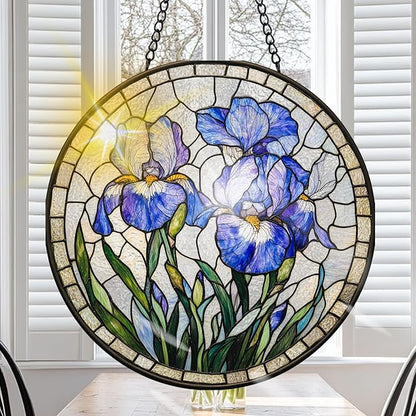 VAIIEYO Purple Flowers Sun Catcher Stained Glass Window Hanging Ornament, Handmade Sun Catcher Flower Decoration with Hooks for Window Garden Home, Housewarming Gift 7.8 inch