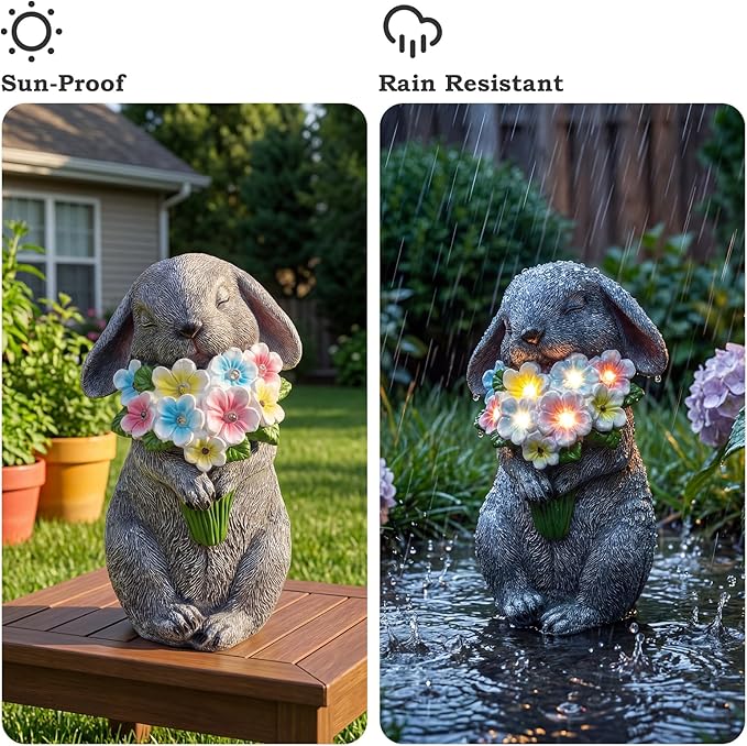 PETAFLOP Solar Powered Rabbit Garden Light, Bunny Holding Flower with Warm White LED, Outdoor Decor for Yard, Pathway, Lawn, Patio, Balcony