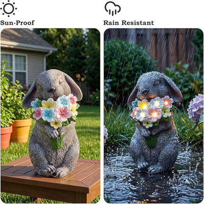 PETAFLOP Solar Powered Rabbit Garden Light, Bunny Holding Flower with Warm White LED, Outdoor Decor for Yard, Pathway, Lawn, Patio, Balcony
