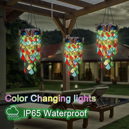 Hanging Solar Lanterns Outdoor Chandelier,Colorful Metal Butterfly with Acrylic Crystal Wind Chimes for Outside,Solar Lights Color Changing LED Outdoor Decorative for Paito,Porch,Yard