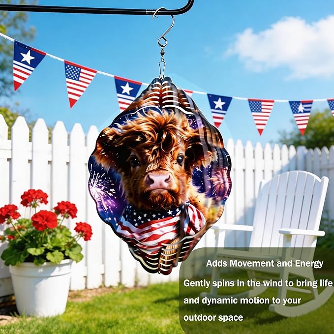 Wind Spinners Cow Fireworks Red White Blue Art 9.8 x 9.8 Inch Metal Wind Spinner Outdoor Garden Decor Festive Illustration Decorative Wind Spinners for Yard Patio