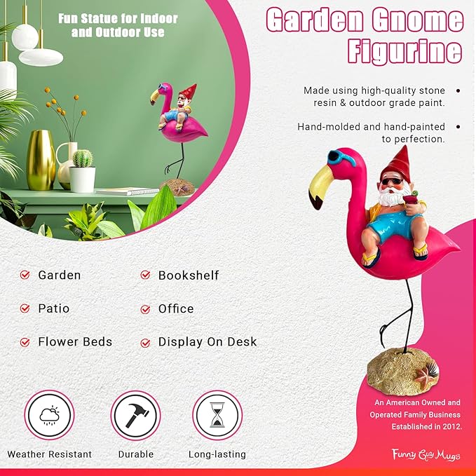 Funny Guy Mugs Outdoor/Indoor Garden Statue - Gnome and Flamingo - Patio, Yard or Lawn