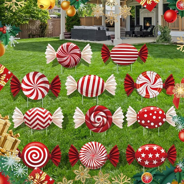 B‌oGlowHaven 12ct Candy Christmas outdoor Decorations‌ Birthday Decorations Waterproof Corrugated Cardboard Yard Signs with 24 Plastic Stakes 17 inch Holiday Pathway Decor for Garden Walkway and Party