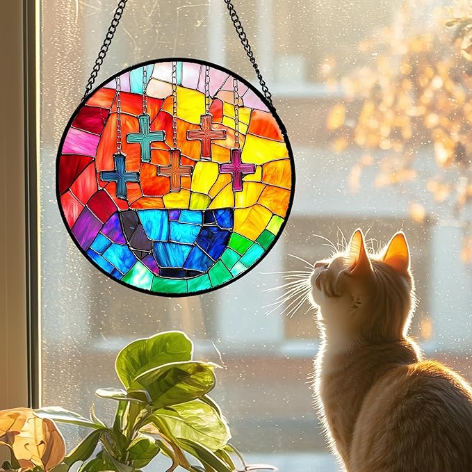Stained Glass Window Hanging - Abstract Colorful Cross Sun Catcher for Door Terrace Garden Home Decor, Orange Red Suncatcher Birthday Gifts for Lovers Women Men Dad Mom Nana Nana 15 in