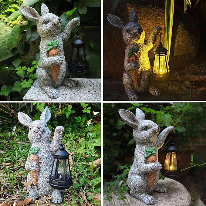 Garden Statues Rabbit Solar Lantern Outdoor Handmade Resin Statue Bunny with Cute Carrot for Patio, Yard, Mother's Day Gift Ideas