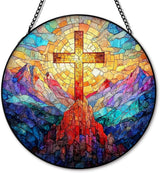 Christian Cross Suncatcher Stained Glass Window Hanging, Christian Sunset Landscape Sun Catchers Indoor Window Glass Round Wall Decor, Religious Cross Wall Art Hanging Decorations, ＂7.8x7.8＂