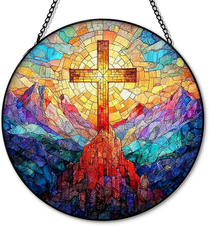 Christian Cross Suncatcher Stained Glass Window Hanging, Christian Sunset Landscape Sun Catchers Indoor Window Glass Round Wall Decor, Religious Cross Wall Art Hanging Decorations, ＂7.8x7.8＂