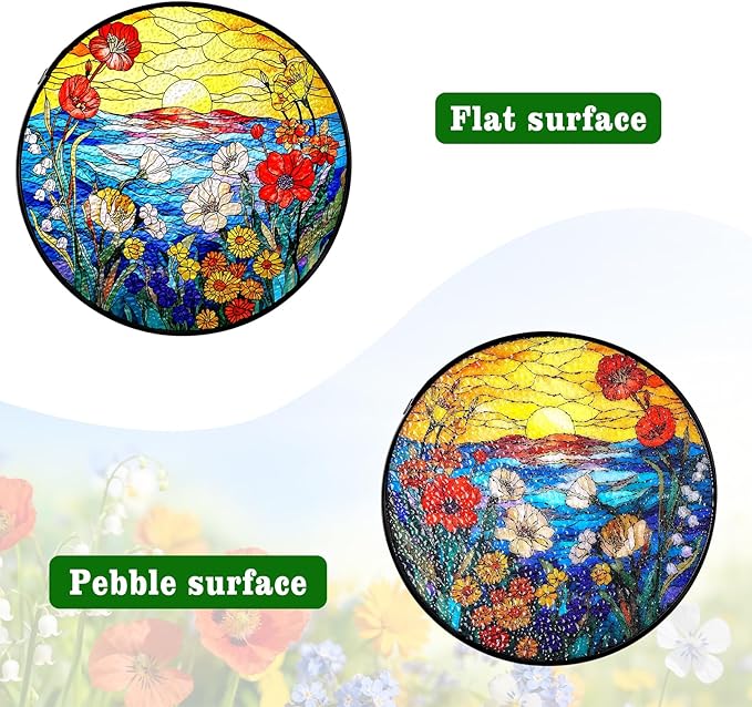 Remiawy Stained Glass Window Hanging, Wildflowers Sunrise 8 Inch Glass Panel with Metal Chain and Hooks Large Window Indoor Wall Art Decor Gift for Women Mother's Day Christmas