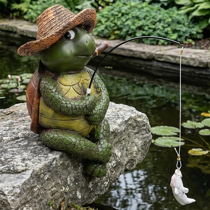 Elenon Fishing Turtle Garden Statue, 9" Turtle with Pole Decor for Koi Pond Waterfalls, Adorable Flower Bed Outdoor Yard Patio Art Decorative Sculptures Table Ornament
