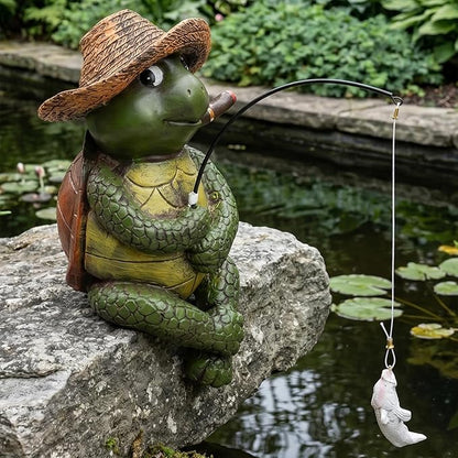 Elenon Fishing Turtle Garden Statue, 9" Turtle with Pole Decor for Koi Pond Waterfalls, Adorable Flower Bed Outdoor Yard Patio Art Decorative Sculptures Table Ornament