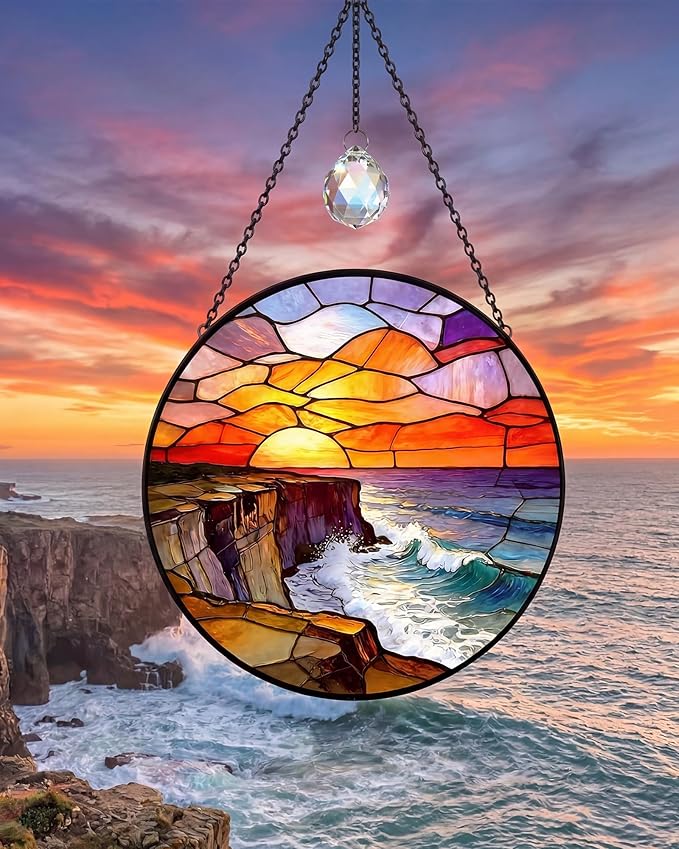 Stained Glass Window Hanging Sun Catcher, 7.8 Inch Ocean Wave Sunrise Suncatcher for Windows Home Decor, Sun Catchers Indoor Window Decoration, Birthday Gifts for Women and Mom