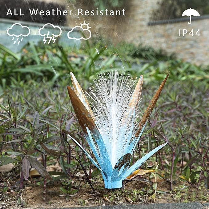 Metal Agave Garden Statue - 13x13x17 inch Solar LED Outdoor Lawn Decor, Hand-Painted Rustic Aloe Vera Sculpture, Waterproof Yard Art for Patio Pathway