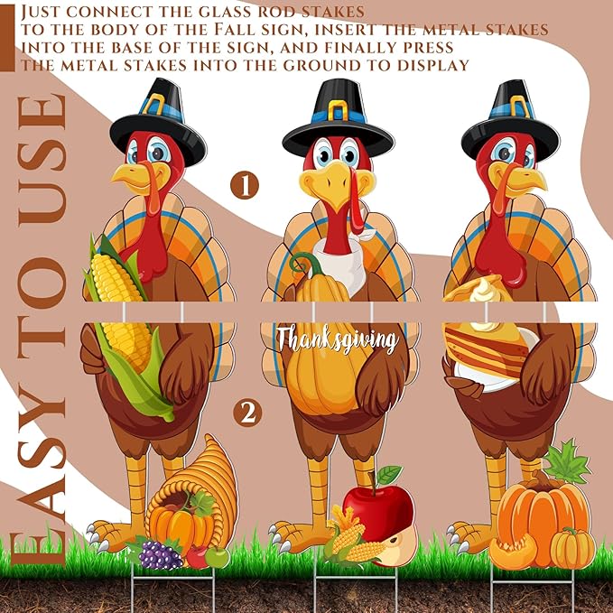 Umigy 3 Pcs Thanksgiving Yard Sign Gobble Turkey Garden Decor with Stakes 32 x 10 Inch Harvest Turkey Outdoor Lawn Sign Thanksgiving Yard Decor Garden Decoration Outside for Home Pathway Walkway