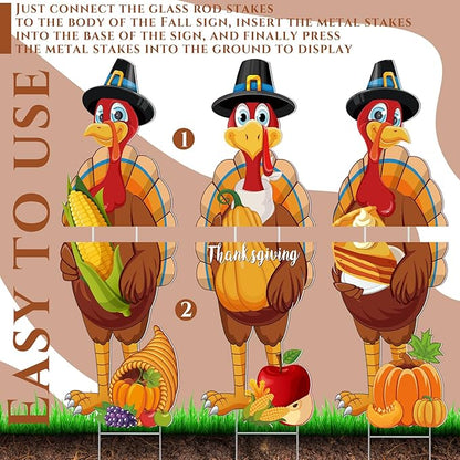 Umigy 3 Pcs Thanksgiving Yard Sign Gobble Turkey Garden Decor with Stakes 32 x 10 Inch Harvest Turkey Outdoor Lawn Sign Thanksgiving Yard Decor Garden Decoration Outside for Home Pathway Walkway