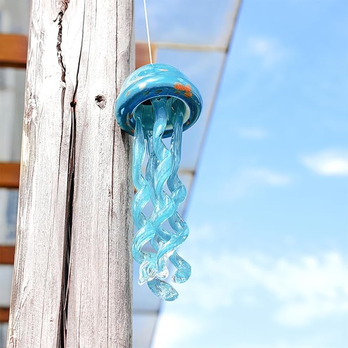 Handblown Art Glass Jellyfish Wind Chime,Glass Jellyfish Hanging Sun Catcher Wind Chime,Wind Chimes for Outside,Sea Glass Blown Wind Chimes for Beach Party,Wedding Decor(Aqua Blue)