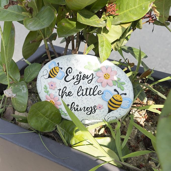 Spring Decorative Garden Stones Outdoor, 6x4.1In Bee Enjoy The Little Things Stone with Pink Floral, Concrete Stepping Stones for Walkway Pathway Yard Outside