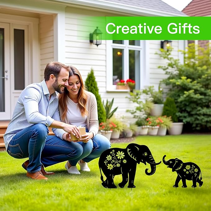 WACLSTDAY Elephant Metal Garden Stakes Decorative, Gifts for Women/Men/Elephant Lovers, Black Silhouette Statues Spring Outdoor Decorations for Garden, Yard, Lawn, Pathway,Patio,Outside