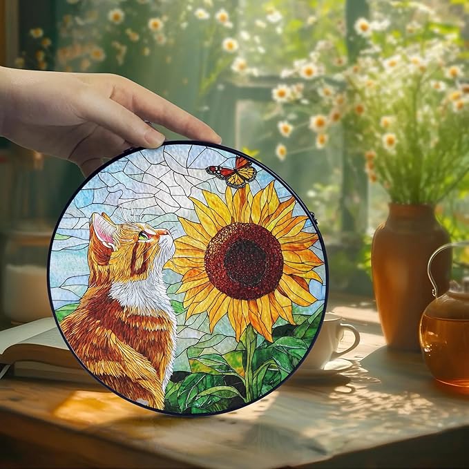 Orange Cat Stained Glass Suncatcher Orange Cat Lovers Gifts Window Hanging Garden Decor, Sunflower Memorial Pet Loss Sympathy Gift Christmas Birthday for Grandma, Friends, Mom, Women