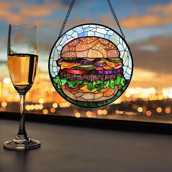 CHATYOUNG Stained Glass Window Hanging Big Beef Burger 7.8" - Cute Suncatcher Door Garden Kitchen Sun Catcher Exquisite Home Decor Christmas for Mom Woman Nana Friend Men Kids
