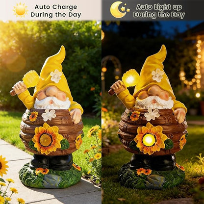 AVEKI Solar Garden Gnome Statue, Funny Gnome Honey Pot Figurine with Solar Light, Outdoor Waterproof Resin Garden Art for Patio Yard Lawn Balcony Ornament, Ideal Gift for Mom Grandma Women