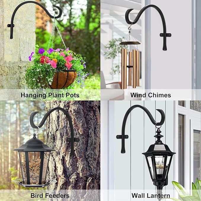 12 Inch Heavy Duty Plant Hanger Wall Hook 6 Pack - Black Iron Hanging Plant Bracket Holds 44 lbs - Rust Resistant Indoor Outdoor Hooks for Bird Feeders Lanterns Wind Chimes Hanging Baskets with Screws