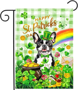 Boston Terrier St Patricks Day Garden Flag Dog St Patrick's Day Yard Flags for Outside 12x18 Double Sided Buffalo Plaid Shamrock Flag Small Outdoor Rainbow St Patrick's Decor