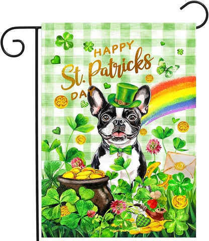 Boston Terrier St Patricks Day Garden Flag Dog St Patrick's Day Yard Flags for Outside 12x18 Double Sided Buffalo Plaid Shamrock Flag Small Outdoor Rainbow St Patrick's Decor