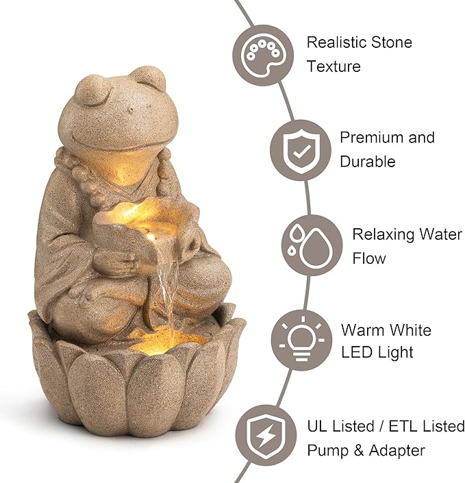 Glitzhome Outdoor Frog Statues Garden Decorations 22" H, Zen-Style Meditative Frog Sculpture Water Fountains LED Floor Standing Fountain Outside Frog Statue with Birdbath for Backyard Decking Decor
