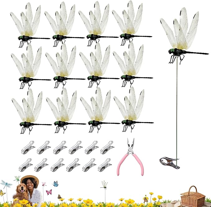 Jongdari 12pcs Black Dragonfly Clip, DIY Realistic Fake Dragonflies Clip-On Garden Outdoor Decor Stakes Plastic Dragon Fly Clips Plant Decorations for Pots, Includes Pliers & Clips